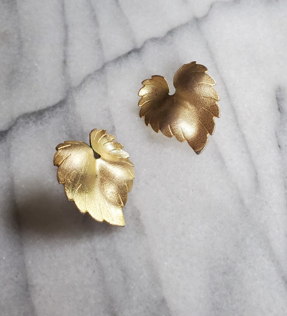 Vintage Gold Leaf Earrings, Leaf Stud Earrings, F… - image 2