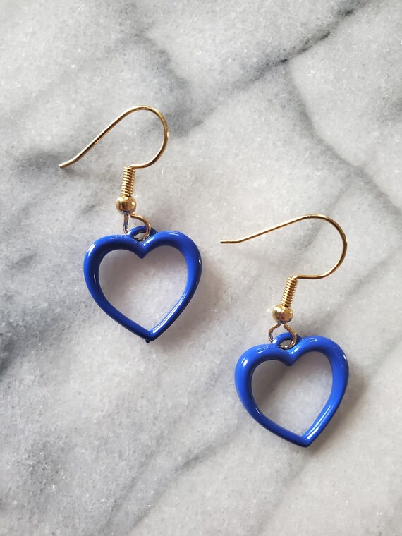 Vintage Blue Heart Dangle Earrings, Hooking Earri… - image 2