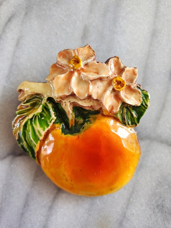 Vintage Peach Brooch, Painted Fruit Pin, Peach Pi… - image 2