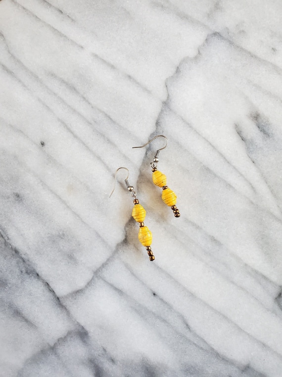 Vintage Yellow Paper Bead Earrings, Yellow Beaded 