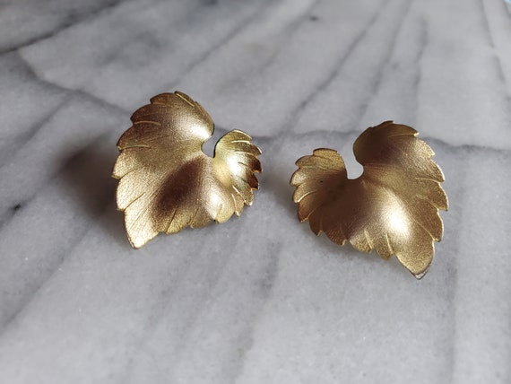 Vintage Gold Leaf Earrings, Leaf Stud Earrings, F… - image 5