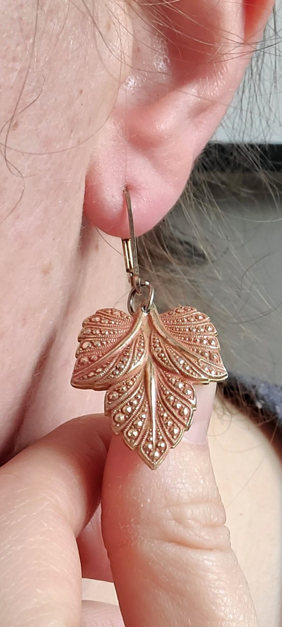 Vintage Pink Leaf Earrings, Leaf Dangle Earrings,… - image 5