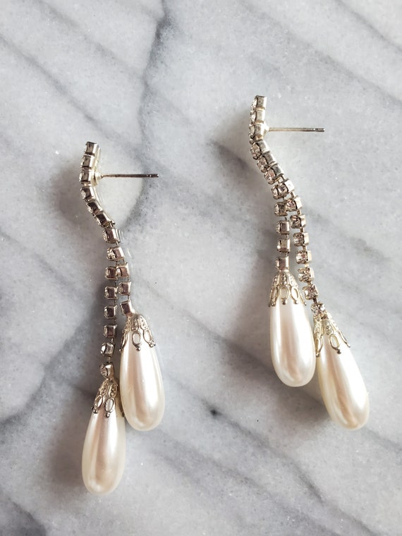Vintage Costume Pearl Gemstone Drop Earrings, Pea… - image 3