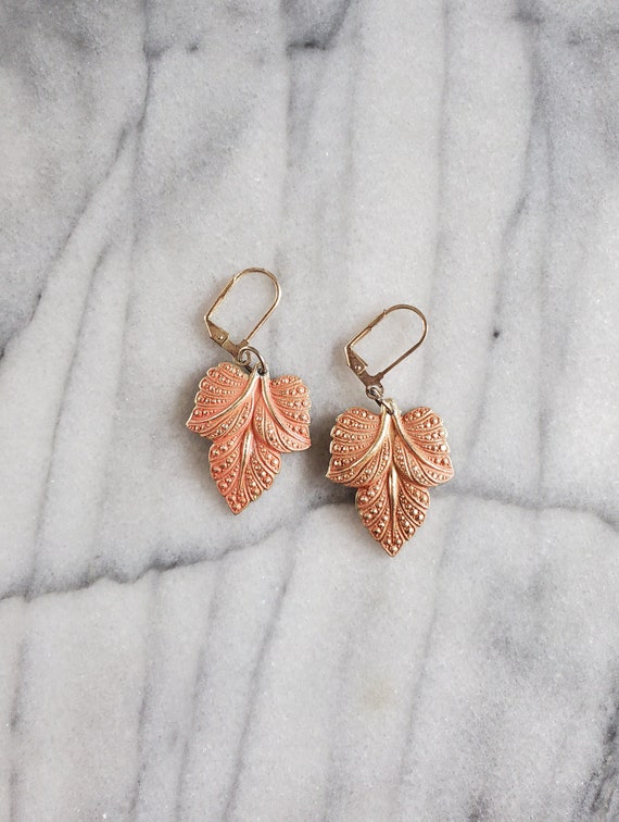 Vintage Pink Leaf Earrings, Leaf Dangle Earrings, 