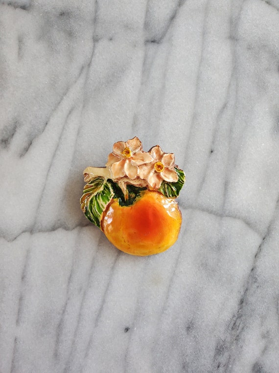 Vintage Peach Brooch, Painted Fruit Pin, Peach Pi… - image 1