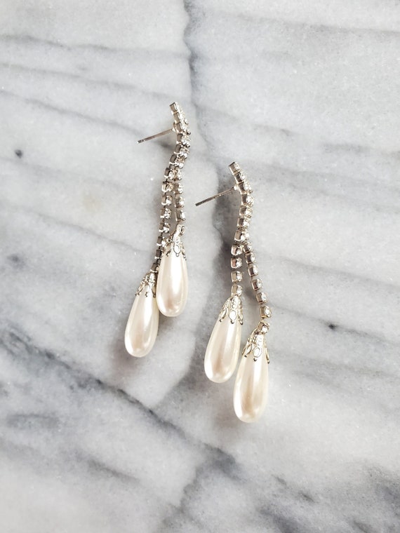 Vintage Costume Pearl Gemstone Drop Earrings, Pea… - image 1