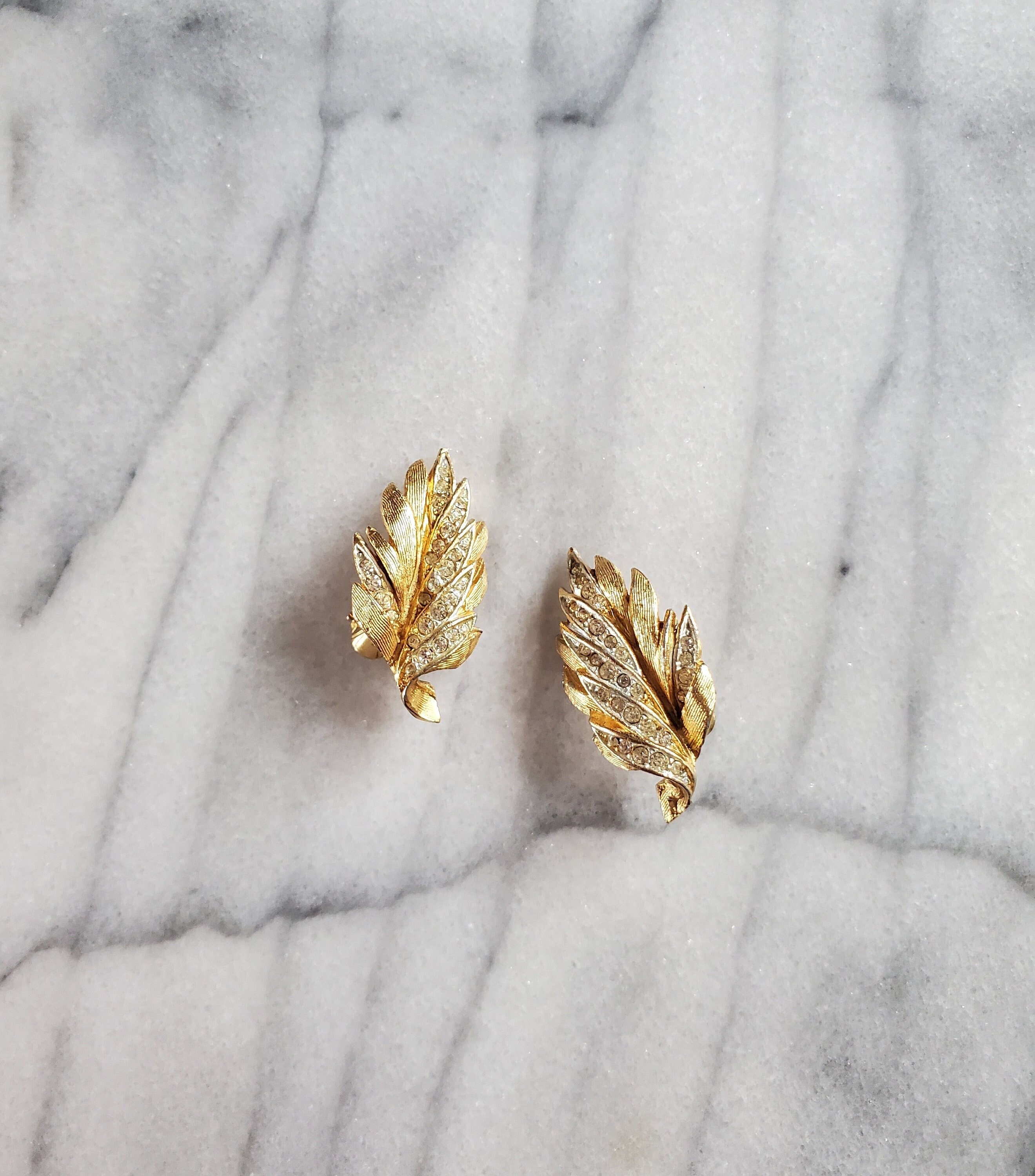 Vintage Gold Leaf Rhinestone Earrings, Gold and Rhinestone
