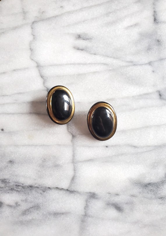 Vintage Black Oval Stud Earrings, Large Black Earr