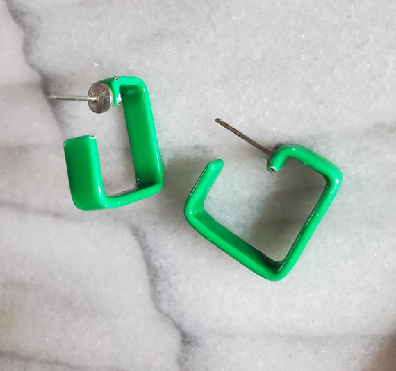 Vintage Green Enamel Square Hoop Earrings, Green … - image 3