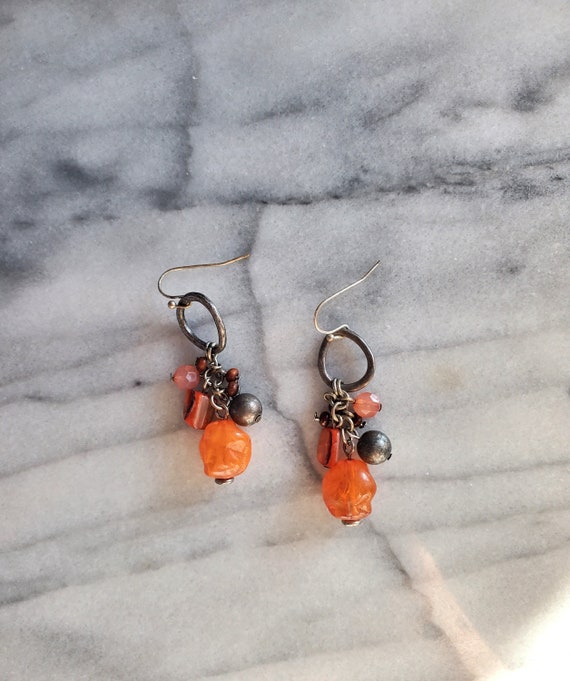 Vintage Orange Cluster Beaded Earrings, Cluster Ea