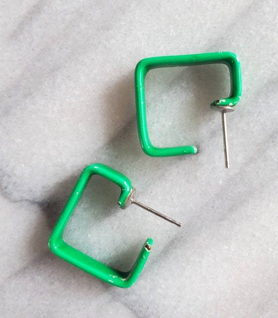 Vintage Green Enamel Square Hoop Earrings, Green … - image 2