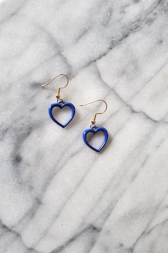 Vintage Blue Heart Dangle Earrings, Hooking Earri… - image 1