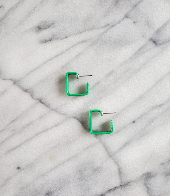Vintage Green Enamel Square Hoop Earrings, Green … - image 1