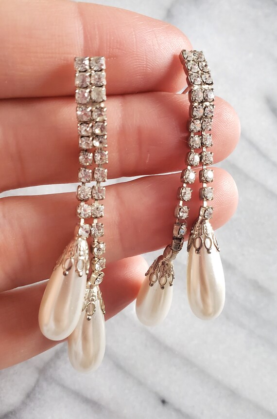 Vintage Costume Pearl Gemstone Drop Earrings, Pea… - image 4