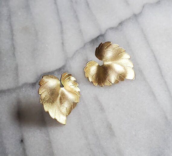 Vintage Gold Leaf Earrings, Leaf Stud Earrings, F… - image 7