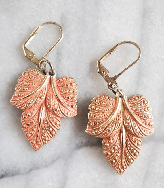 Vintage Pink Leaf Earrings, Leaf Dangle Earrings,… - image 2