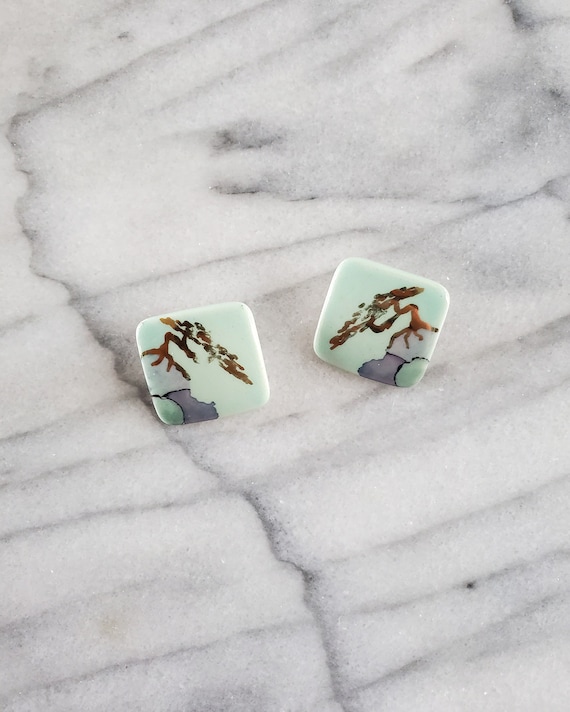 Vintage Ceramic Painted Stud Earrings, Bonsai Ear… - image 1