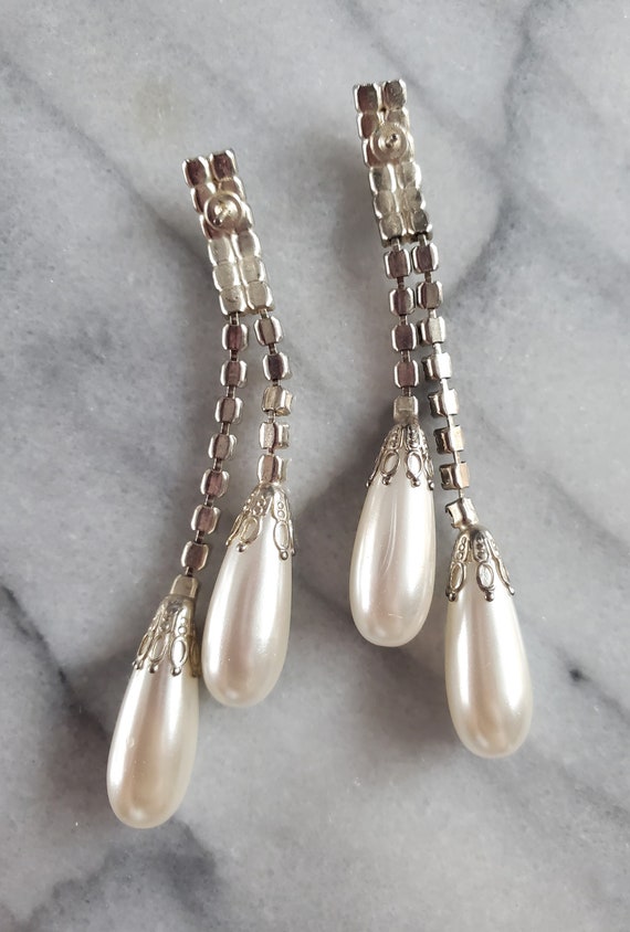 Vintage Costume Pearl Gemstone Drop Earrings, Pea… - image 6