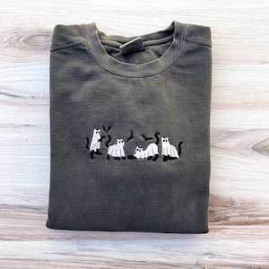 Cat Ghost Embroidered Comfort Colors Sweatshirt, Ghost Crewneck, Halloween Embroidered Sweatshirt, Spooky Crew, Fall Sweatshirt, Halloween