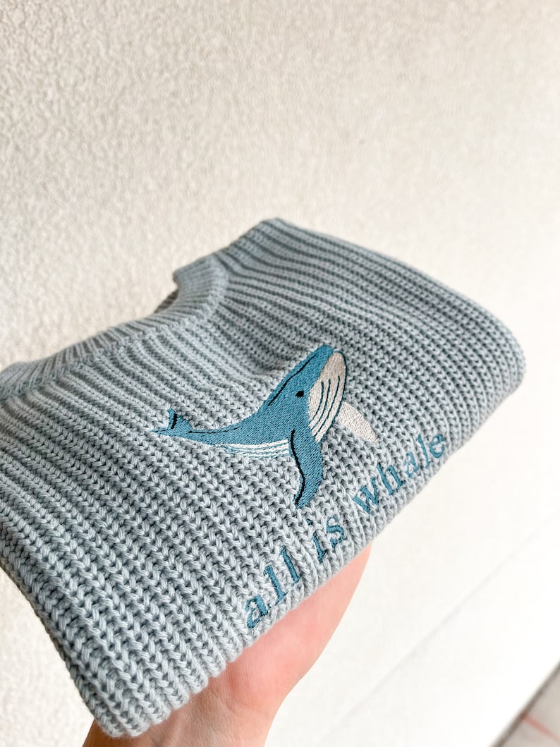 All is Whale Embroidered Baby and Toddler Sweater, Embroidered Oversized Chunky Kids Sweater, Ocean Baby, Baby Shower Gift, Whale Infant image 2