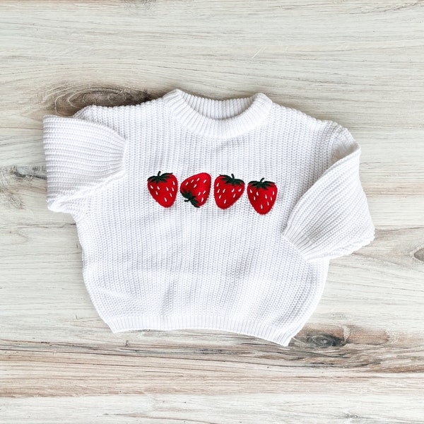 Strawberry Embroidered Baby and Toddler Sweater, Embroidered Oversized Chunky Kids Sweater, Fruit Toddler Sweatshirt, Baby Shower Gift