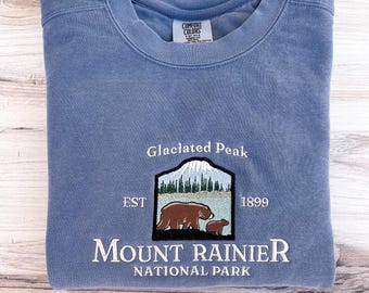 Mount Rainier Embroidered Comfort Colors Sweatshirt, Cute Crewneck, National Park Embroidered Sweatshirt, Hiking Crew, California Sweatshirt