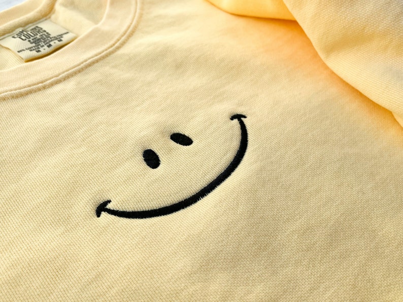 Happy Face Comfort Colors Sweatshirt, Smile Crewneck, Happy Crewneck, Embroidered Sweatshirt, Embroidered Crew, Custom Sweatshirt, Fun image 2