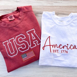 America Comfort Colors Tee, USA Shirt, 4th Of July T-Shirt, Embroidered Tee, Embroidered Shirt, Custom Shirt, Summer Shirt, Custom Tee, Cute image 2