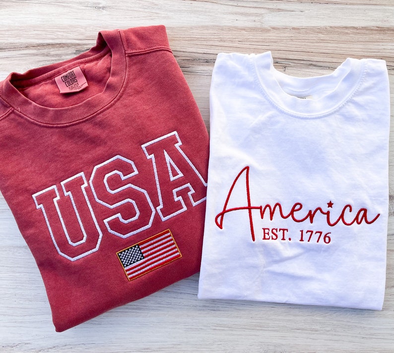 America Comfort Colors Tee, USA Shirt, 4th Of July T-Shirt, Embroidered Tee, Embroidered Shirt, Custom Shirt, Summer Shirt, Custom Tee, Cute image 2