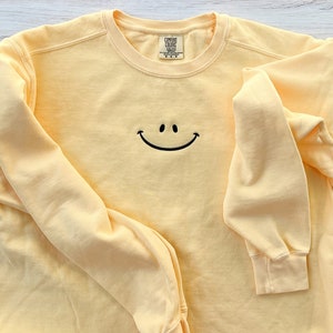 Happy Face Comfort Colors Sweatshirt, Smile Crewneck, Happy Crewneck, Embroidered Sweatshirt, Embroidered Crew, Custom Sweatshirt, Fun image 3