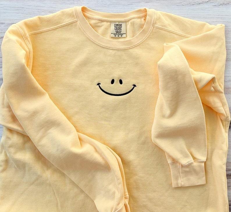 Happy Face Comfort Colors Sweatshirt, Smile Crewneck, Happy Crewneck, Embroidered Sweatshirt, Embroidered Crew, Custom Sweatshirt, Fun image 3