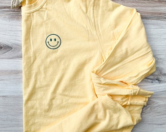 Happy Face Comfort Colors Long Sleeve, Smile Shirt, Happy Tee, Embroidered Tee, Embroidered Shirt, Custom Shirt, Retro Happy Face Shirt