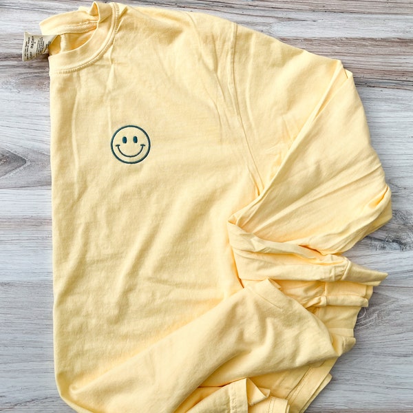 Happy Face Comfort Colors Long Sleeve, Smile Shirt, Happy Tee, Embroidered Tee, Embroidered Shirt, Custom Shirt, Retro Happy Face Shirt