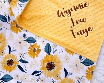 Baby Girl Sunflower Blanket, Personalized Baby Blanket, Sunflowers Blanket, Floral Baby, Minky Blanket, Baby Shower Gift, Embroidered, Cute