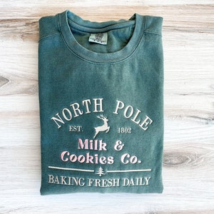 North Pole Embroidered Comfort Colors Sweatshirt, Christmas Crewneck, Milk and cookies Co Embroidered Sweatshirt, Cozy Crew, Christmas