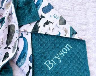 Personalized Baby Blanket, Whale Blanket, Nautical Baby, Sea Minky Blanket, Monogrammed Baby Blanket, Ocean Baby Blanket, Baby Shower Gift