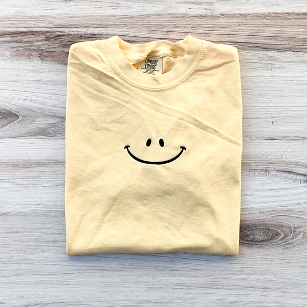 Happy Face Comfort Colors Tee, Smile Shirt, Happy T-Shirt, Embroidered Tee, Embroidered Shirt, Custom Shirt, Retro Happy Face Shirt