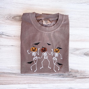 Skeleton Dancing Comfort Colors Tee, Pumpkin Tee, Fall, Halloween T-Shirt, Spooky Season, Embroidered Tee, Embroidered Shirt, Pumpkin Shirt