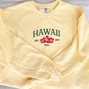 Sweat-shirt brodé couleurs confort de l'État d'Hawaï, col rond hawaïen, sweat-shirt brodé des îles, col rond de l'île, sweat-shirt d'été