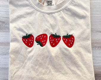 Strawberry Embroidered Comfort Colors Tee, Fruit Shirt, Summer T-Shirt, Embroidered Tee, Embroidered Shirt, Custom Shirt, Cute Strawberries
