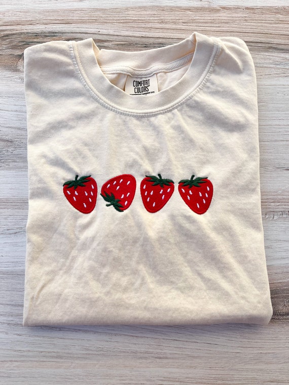 Strawberry Embroidered Comfort Colors Tee, Fruit Shirt, Summer T-Shirt, Embroidered Tee, Embroidered Shirt, Custom Shirt, Cute Strawberries