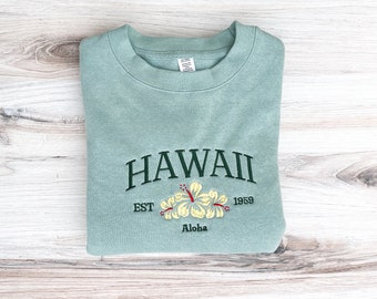 Embroidered Hawaii Sweatshirt, Rainbow Embroidered Crewneck, Aloha Sweater, Outdoors Gift, Ocean Sweater, Cozy, Embroidered Crewneck, Beachy