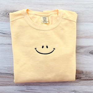 Happy Face Comfort Colors Sweatshirt, Smile Crewneck, Happy Crewneck, Embroidered Sweatshirt, Embroidered Crew, Custom Sweatshirt, Fun image 1