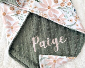 Baby Girl Daisies Blanket, Personalized Baby Blanket, Flowers Blanket, Floral Baby, Minky Blanket, Baby Shower Gift, Embroidered, Daisy