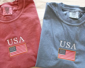 America Comfort Colors Tee, USA Shirt, 4th Of July T-Shirt, Embroidered Tee, Embroidered Shirt, Custom Shirt, Summer Shirt, Custom Tee, Cute
