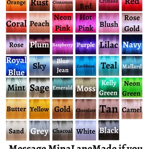 May include: Embroidery thread color chart with 36 different colors, including orange, rust, cinnamon, brick red, crimson, red, coral, peach, neon pink, hot pink, blush, rose gold, rose, plum, raspberry, purple, lilac, navy, royal blue, sky blue, jean, caribbean, teal, mallard, mint, sage, emerald, moss, kelly green, neon green, butter, yellow, gold, chocolate, tan, camel, sand, grey, charcoal, white, and black. The chart also includes the message "Message MinaLaneMade if you would like a custom thread color!"