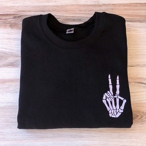 Skeleton Peace Sweatshirt, Halloween Sweatshirt, Embroidered, Custom Crewneck, Fall Crewneck, Spooky Season Crewneck, Black Crewneck, Spooky