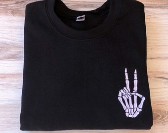 Skeleton Peace Sweatshirt, Halloween Sweatshirt, Embroidered, Custom Crewneck, Fall Crewneck, Spooky Season Crewneck, Black Crewneck, Spooky