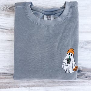 Coffee Ghost Embroidered Comfort Colors Sweatshirt, Ghost Crewneck, Halloween Embroidered Sweatshirt, Spook Crew, Fall Sweatshirt, Halloween