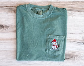Snowman Comfort Colors Tee, Christmas Pocket Embroidered Shirt, Christmas T-Shirt, Winter Tee, Embroidered Shirt, Custom Shirt, Holiday Gift